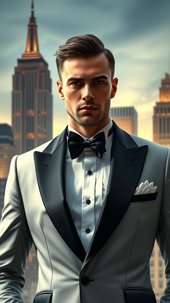A group of men in tuxedos standing in front of skyscrapers in Gotham City.