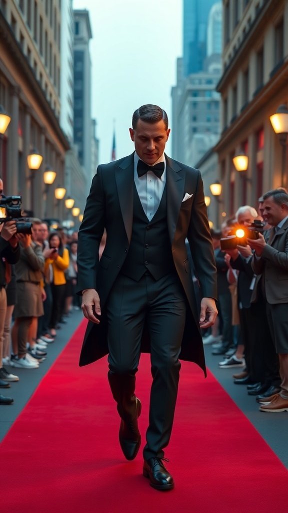 Two men in tuxedos walking down a red carpet in Gotham, surrounded by fans and photographers.