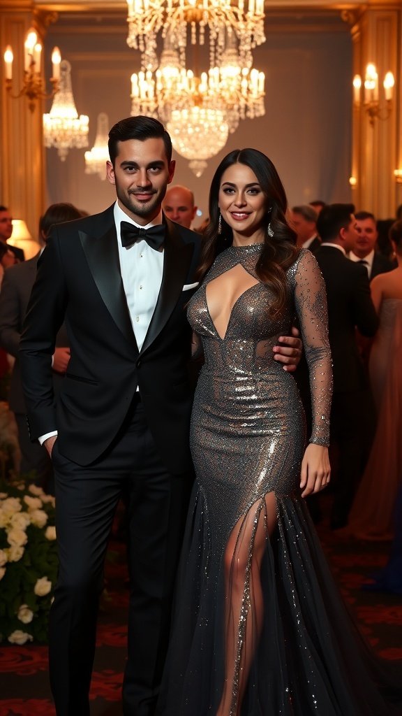 A glamorous evening in Gotham with a crowd dressed in tuxedos and elegant gowns, walking through a beautifully lit street.