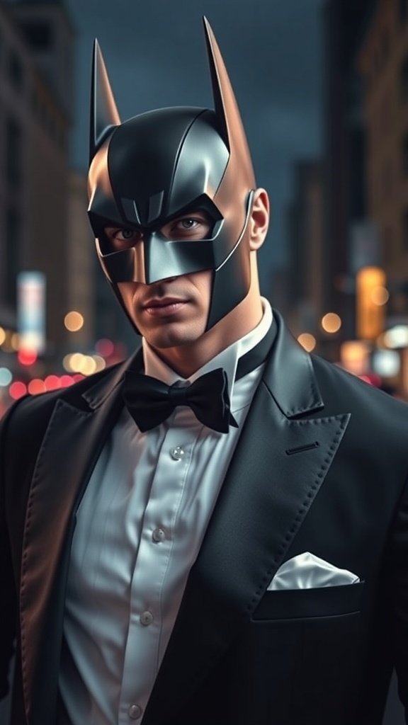 A group of villains in tuxedos standing in a Gotham cityscape with a full moon.