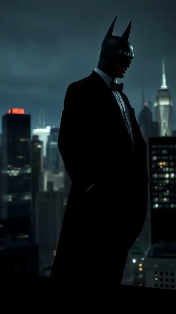 Batman in a tuxedo standing against the Gotham skyline at night