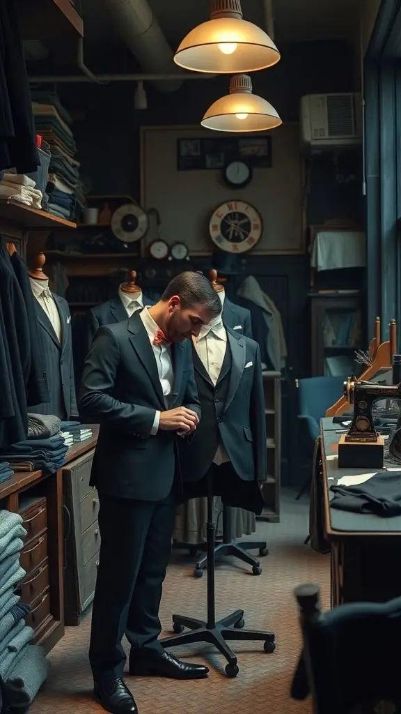 A tailor adjusting a tuxedo in a cozy shop filled with suits and tailoring supplies.