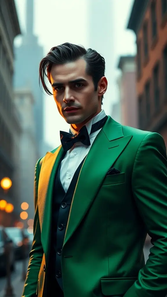 A group of men in colorful tuxedos standing in a Gotham-like setting with a dramatic backdrop.
