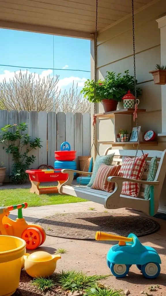 A cozy outdoor space featuring a 1920's porch swing, colorful toys, and potted plants, creating a playful area for children.