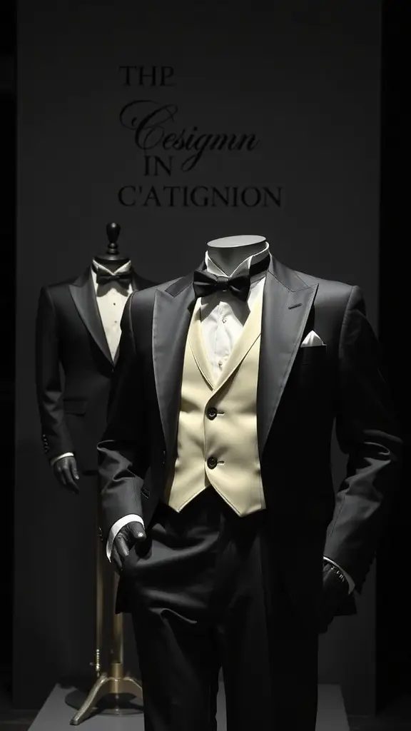 Elegant tuxedos displayed in a stylish setting, showcasing craftsmanship and design.