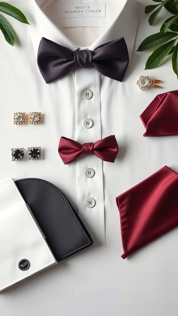 An elegant display of tuxedo accessories including bow ties, cufflinks, and a pocket square on a white tuxedo shirt.