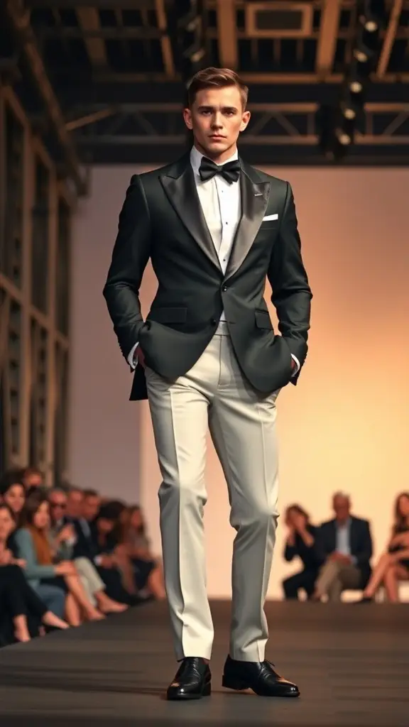 A model wearing a modern tuxedo on a runway.