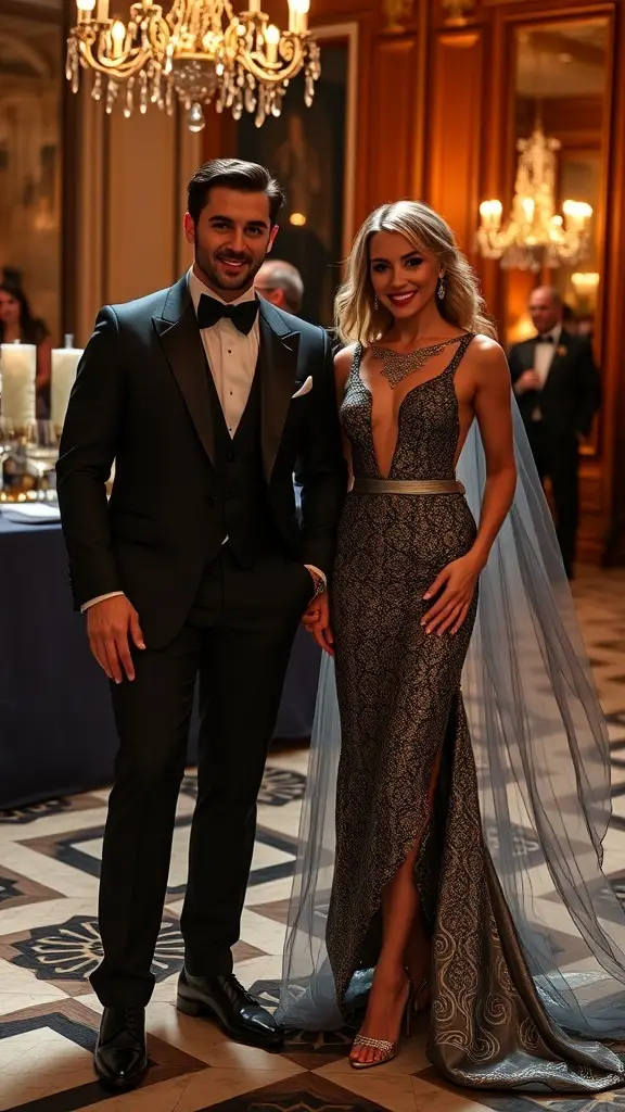 A glamorous event in Gotham with elegantly dressed guests in tuxedos and evening gowns, featuring a stunning skyline backdrop.