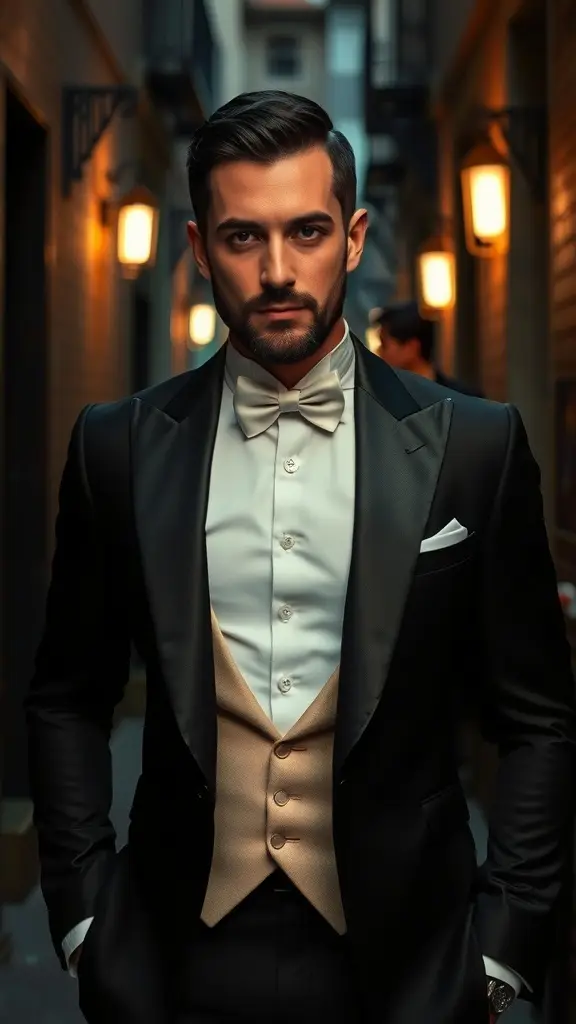 Three men in tuxedos walking through a dimly lit alley in Gotham