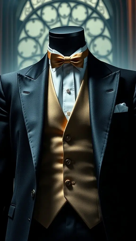 A stylish tuxedo with a gold vest displayed against a gothic backdrop.