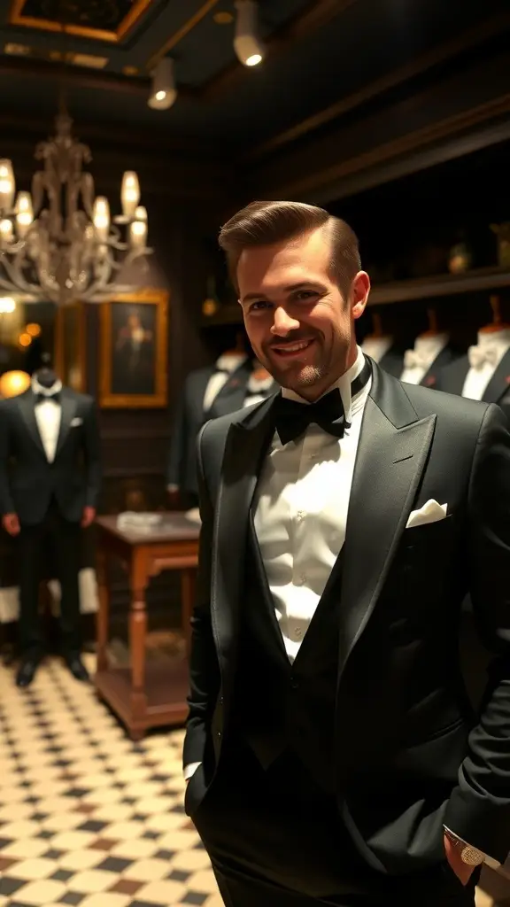 A tuxedo rental shop in Gotham City with rows of tuxedos and a stylish interior.
