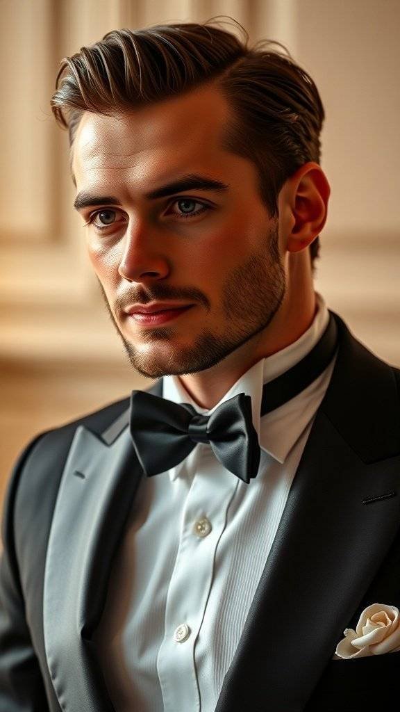 Close-up of a white tuxedo jacket with a black bow tie.