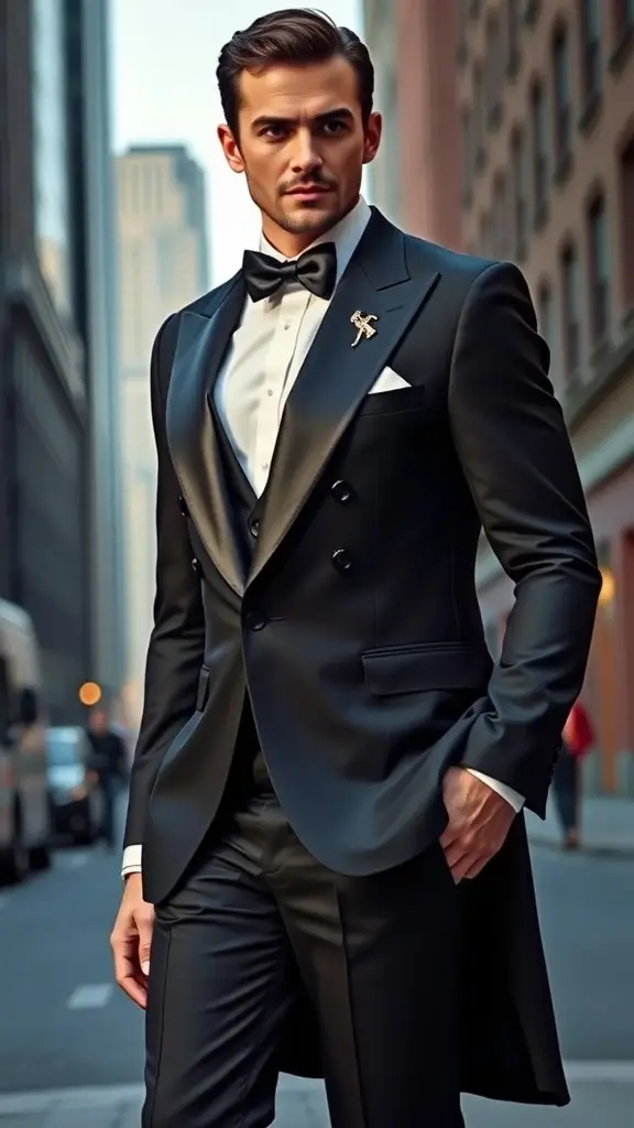 A headless figure in a tuxedo walking through a city street, symbolizing the blend of elegance and readiness in Gotham.