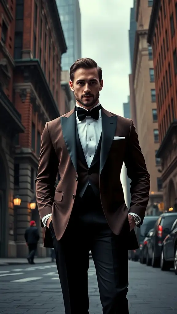 A group of men in tuxedos walking down a city street with a tall spire in the background.