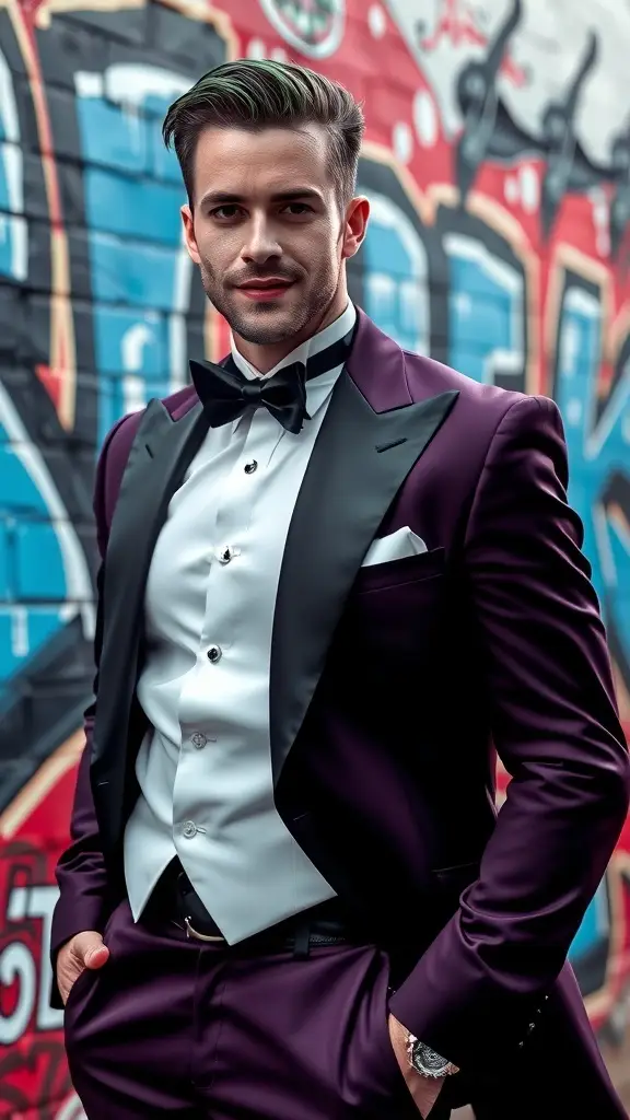 A tuxedo figure stands in a busy street with the Empire State Building in the background, symbolizing elegance in Gotham.