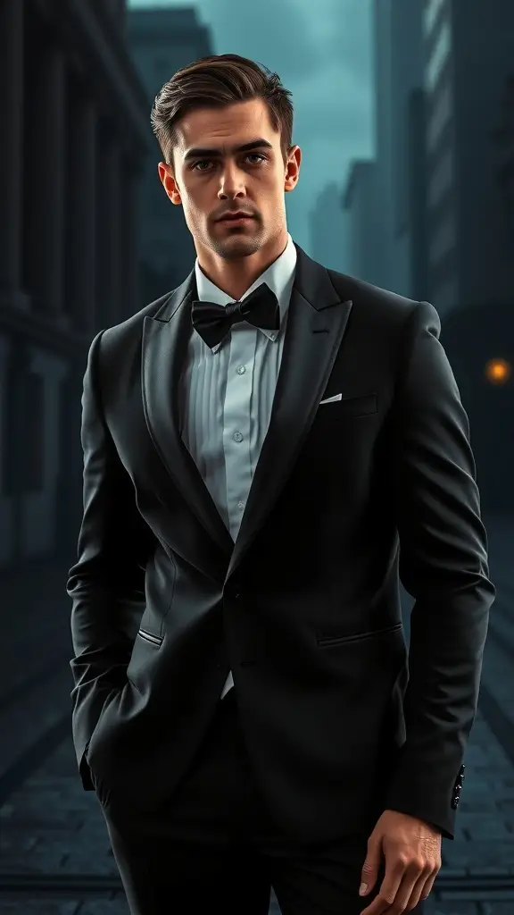 A group of men in tuxedos walking through a grand hall with chandeliers, representing Gotham's elegance and intrigue.