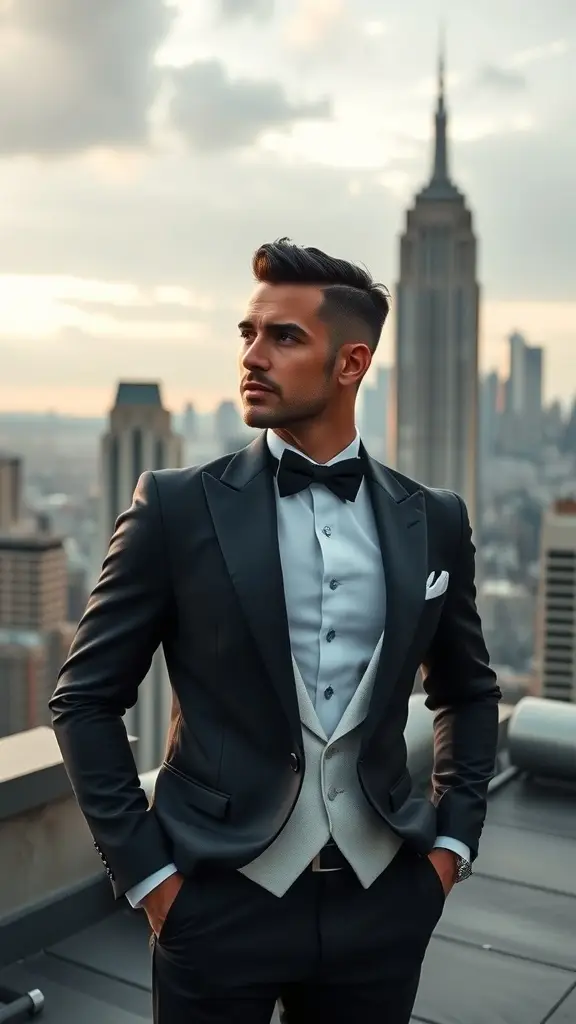 Two men in tuxedos standing on a rooftop with a city skyline in the background.