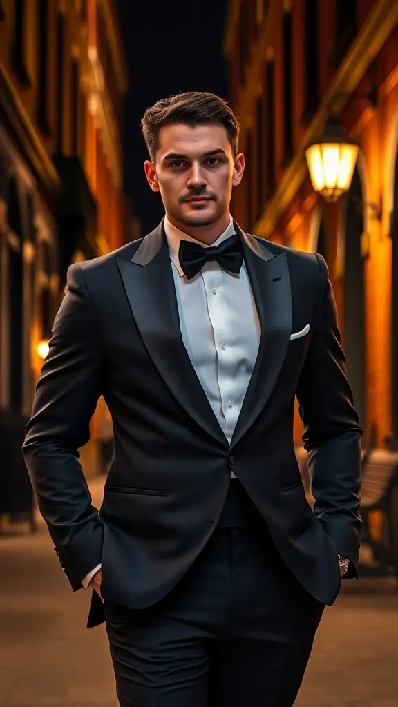 A man in a tuxedo standing confidently in a stylish setting.