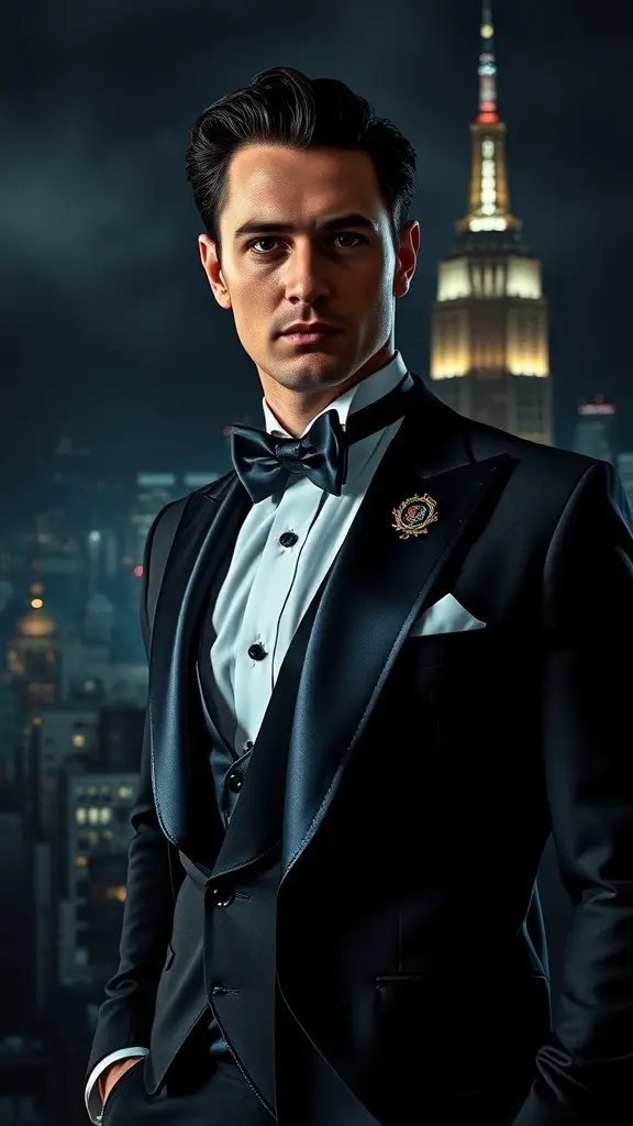 A tuxedo displayed on a mannequin with a city skyline in the background, showcasing Gotham's dark aesthetic.