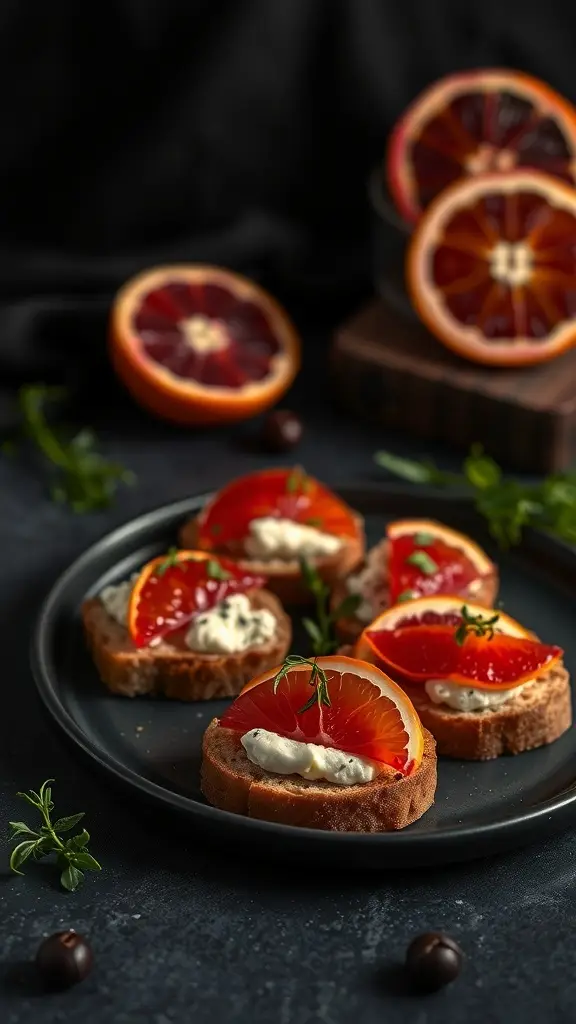 Blood orange crostini topped with cheese and herbs on a dark plate