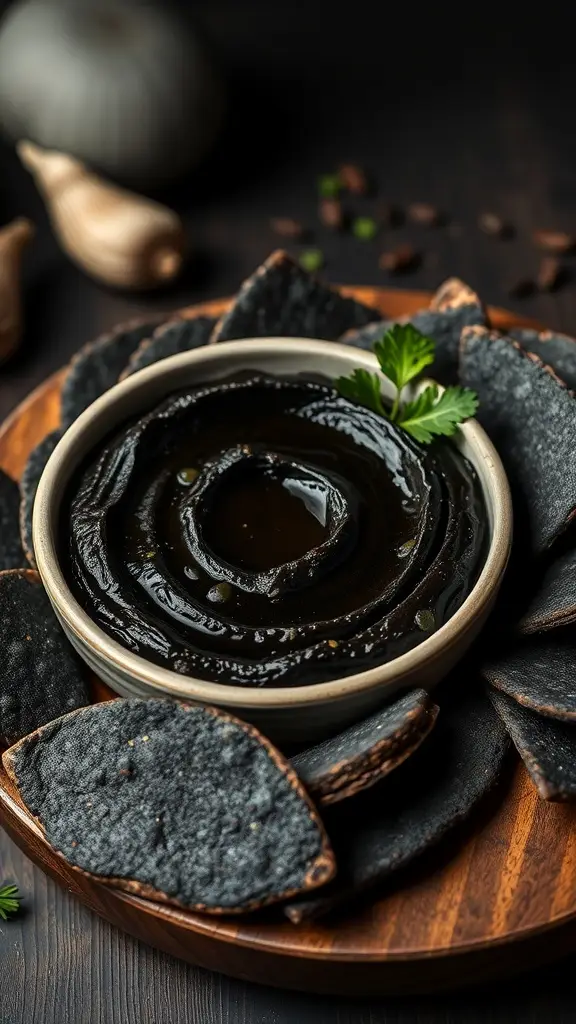 A bowl of black garlic hummus surrounded by charcoal pita chips on a wooden platter.