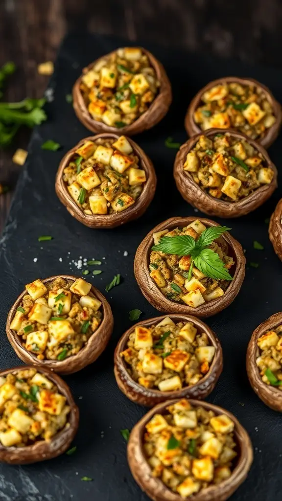 Savory stuffed mushrooms filled with a rich mixture, displayed on a dark slate board.
