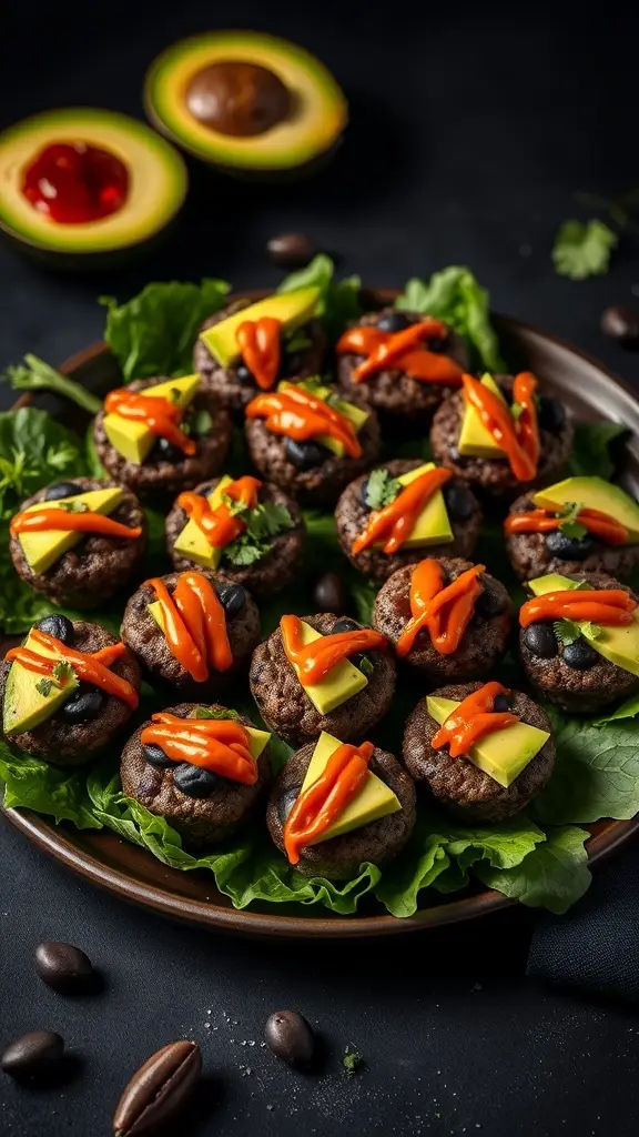 A plate of black bean and avocado bites garnished with hot sauce and cilantro on a bed of greens.
