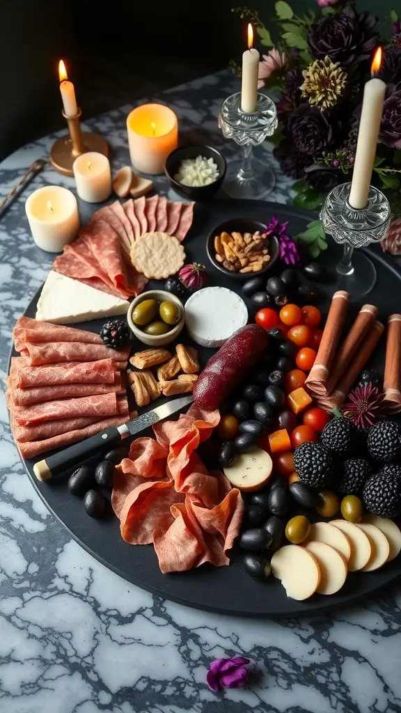 A Gothic-themed charcuterie board with various meats, cheeses, olives, and fruits, set against a dark background with candles.