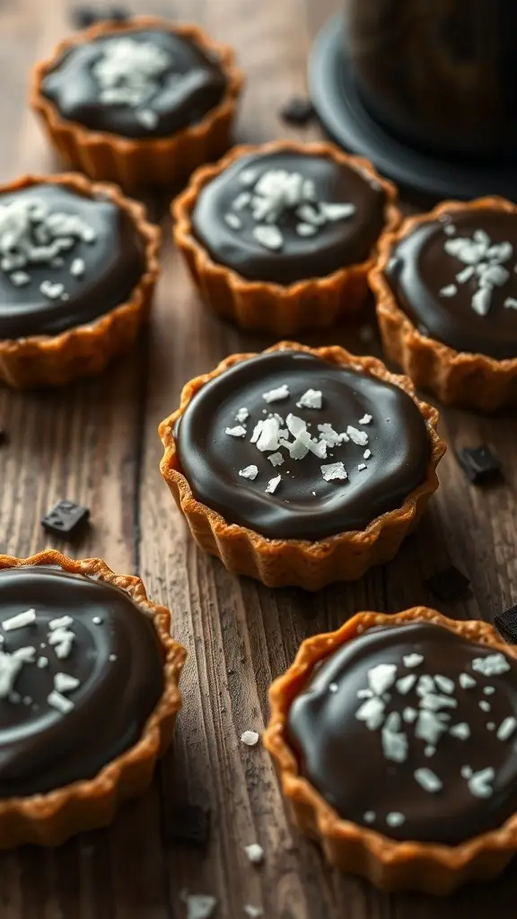 Dark chocolate tartlets topped with sea salt on a wooden table