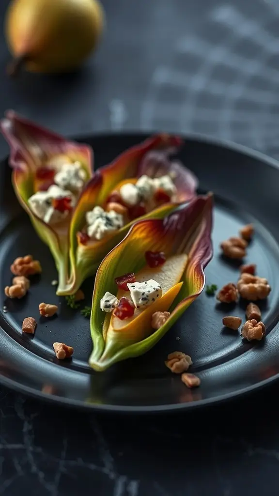 Eerie endive boats filled with cheese, walnuts, and dried fruits on a dark plate.