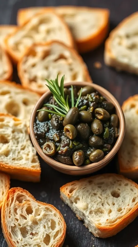 A bowl of black olive tapenade surrounded by slices of crusty bread, garnished with rosemary.