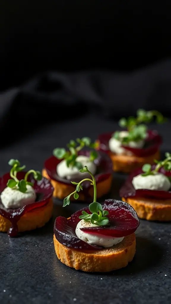Gothic roasted beet and goat cheese canapés on a dark surface
