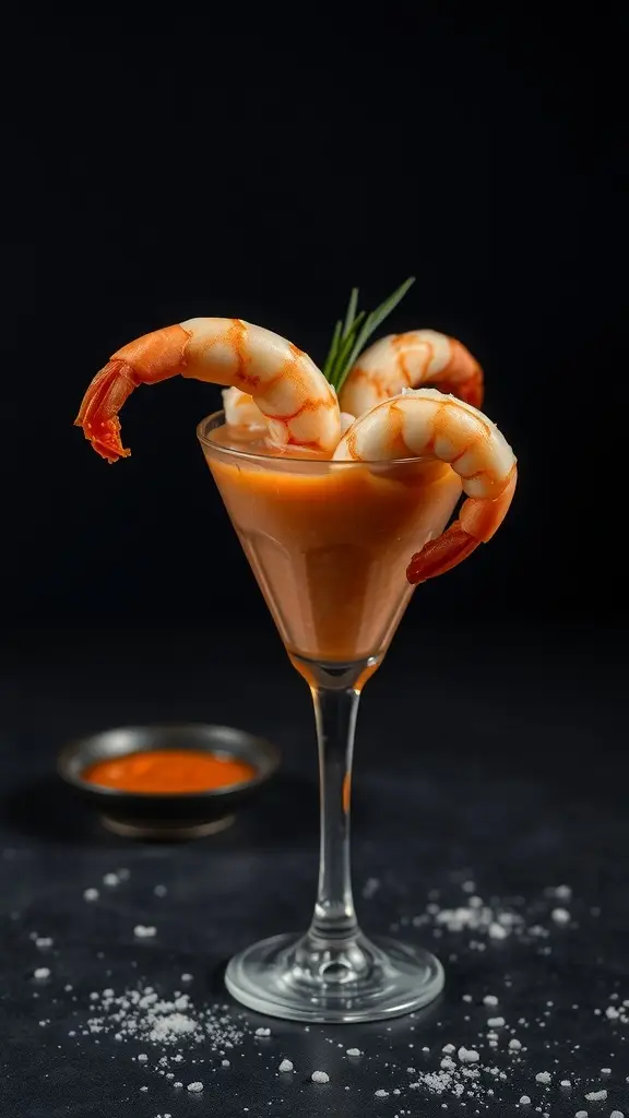 A sinister shrimp cocktail served in a martini glass with a spicy sauce on the side.