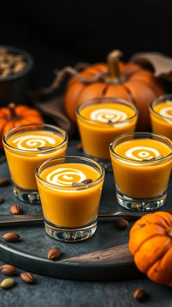 Spiced pumpkin soup shots served in glasses with a swirl of cream and garnished with pumpkin seeds.