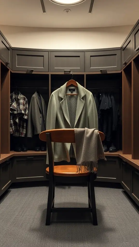 A cozy beige cardigan hanging in a locker room, showcasing a stylish post-workout look.