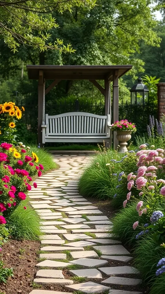 A stone garden path lined with colorful flowers leading to a porch swing.