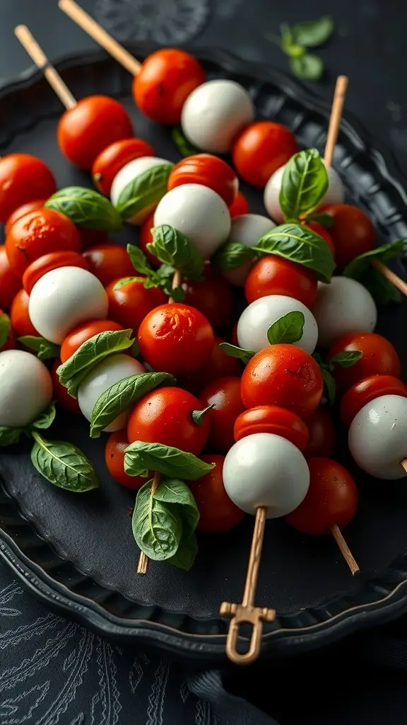 A platter of Creepy Caprese skewers featuring cherry tomatoes, mozzarella balls, and basil leaves.