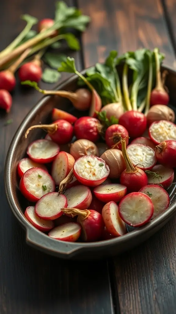 A dish of roasted radishes, halved and garnished, ready to serve.