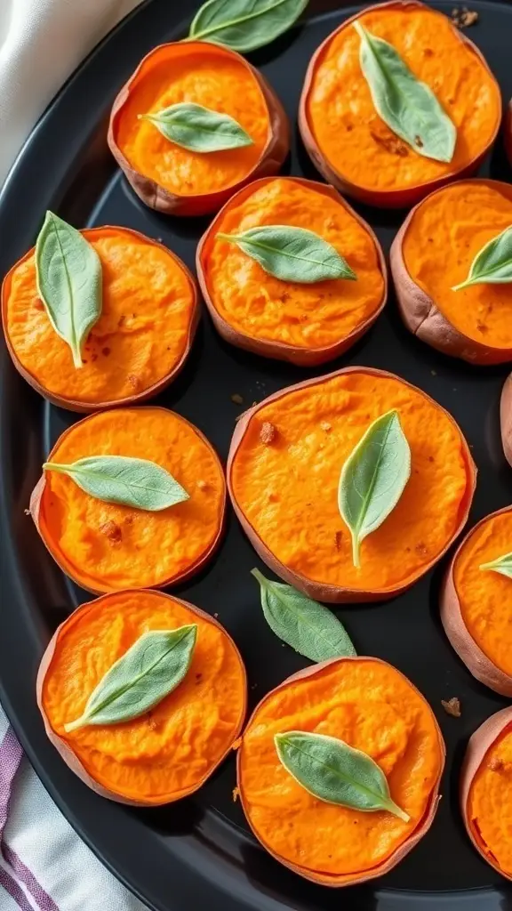 A platter of Spooky Sweet Potato and Sage Bites, featuring roasted sweet potatoes filled with a savory mixture and garnished with sage leaves.
