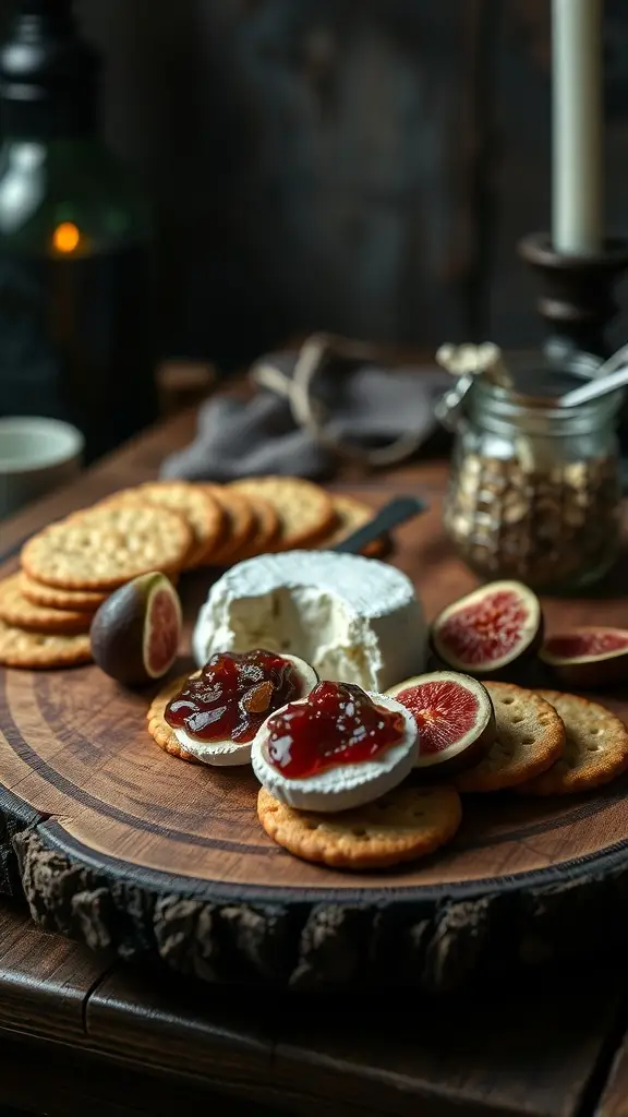 A rustic wooden board featuring goat cheese topped with fig preserves, fresh figs, and crackers, creating a gothic hors d’oeuvre spread.