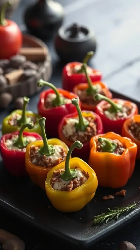 Colorful stuffed mini peppers filled with chorizo and cheese on a dark plate.