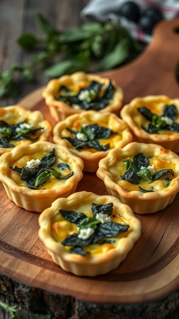 Mini quiches with dark vegetables on a wooden board