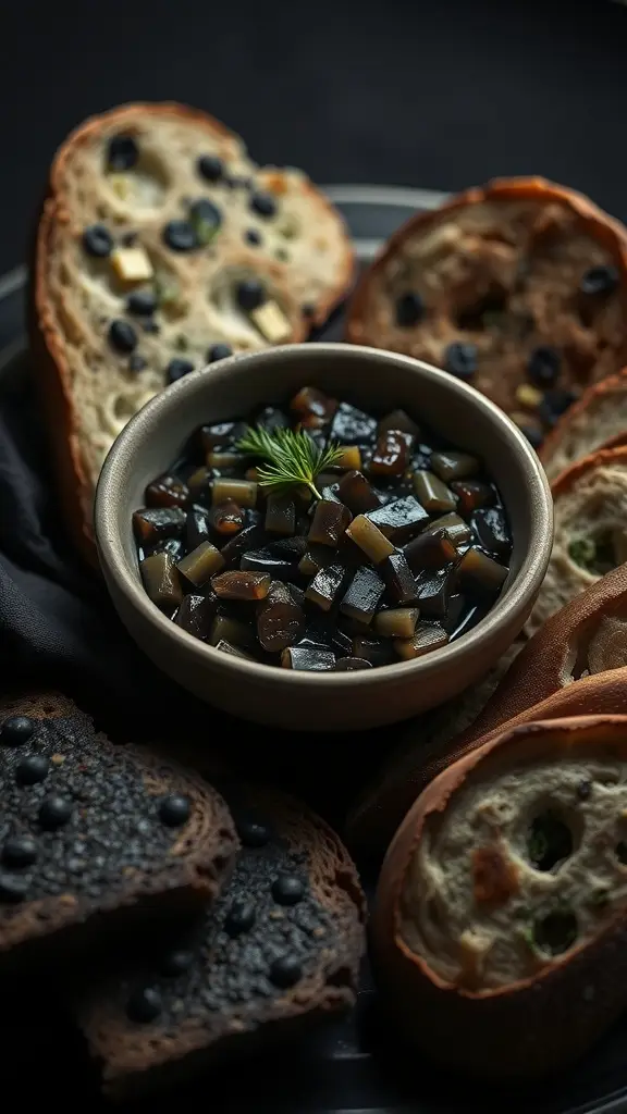 A bowl of eggplant caviar surrounded by dark breads, creating a gothic-inspired appetizer.
