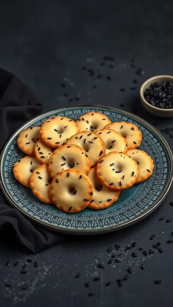 A plate of sable and black sesame crackers on a decorative plate.