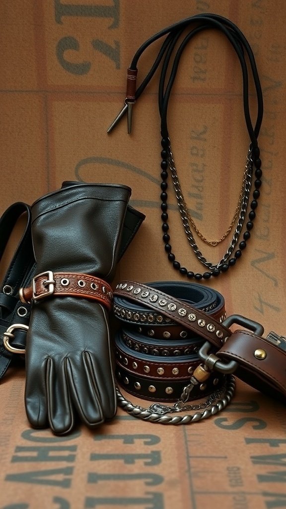 A collection of moto-inspired accessories including leather gloves, belts with studs, and layered chains.
