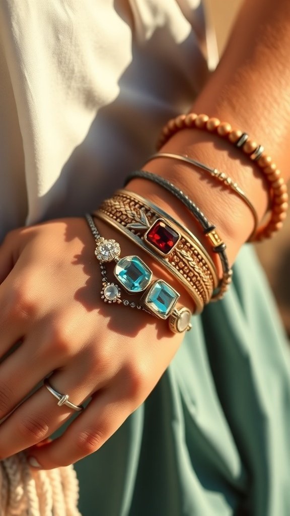 A close-up of a hand adorned with various rings and bracelets, showcasing a Moto Boho style.