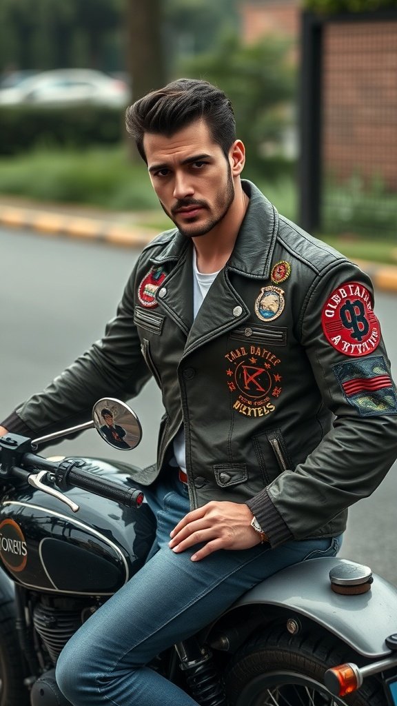 A leather jacket with various colorful patches and badges, displayed on a motorcycle.