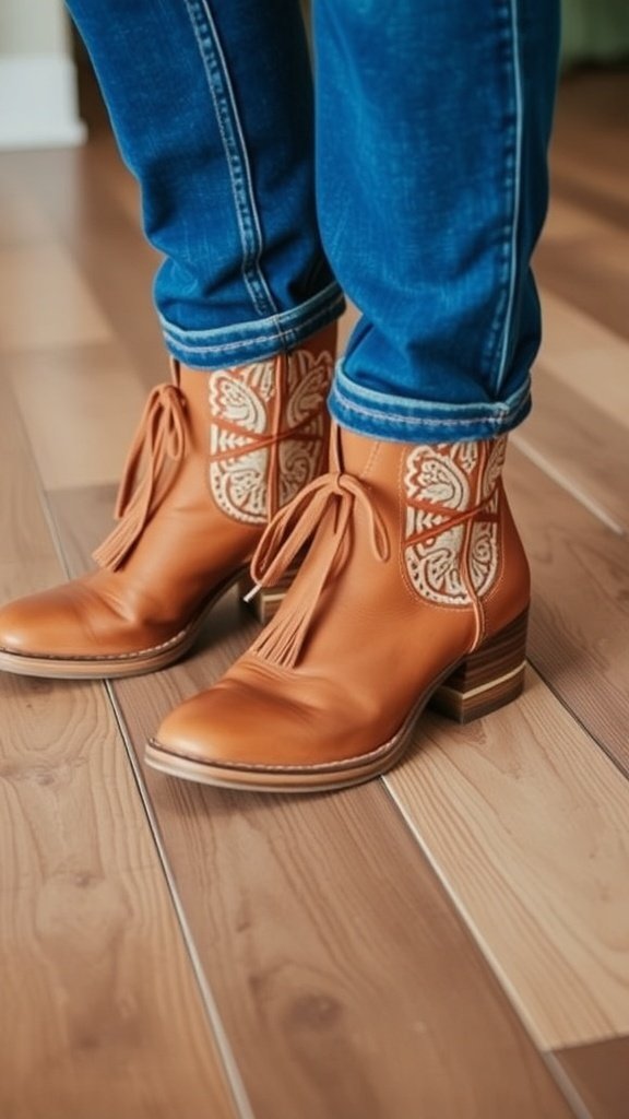 A variety of stylish footwear including brown lace-up boots, red ankle boots, green boots with fur, and brown slip-ons on wooden flooring.