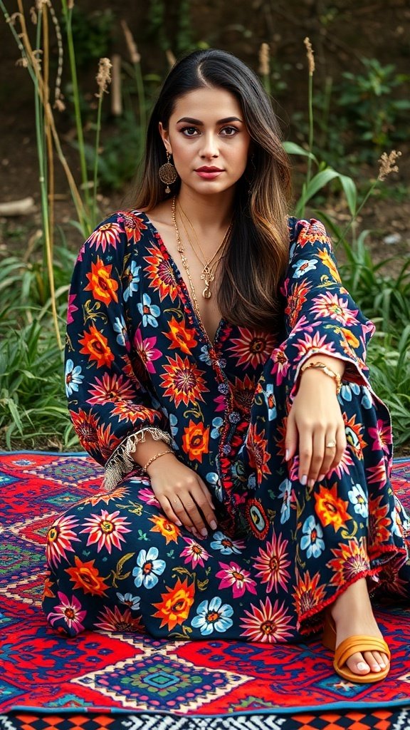 A vibrant floral jumpsuit, colorful bag, and vintage camera on a rich blue patterned background.