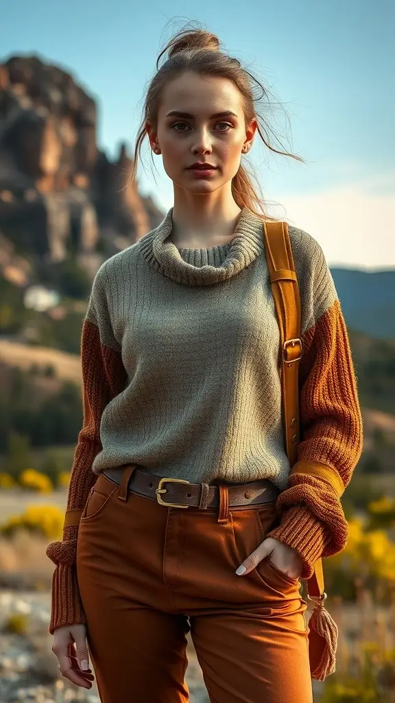 A mannequin dressed in a burnt orange plaid shirt and beige trousers, set against a natural landscape.